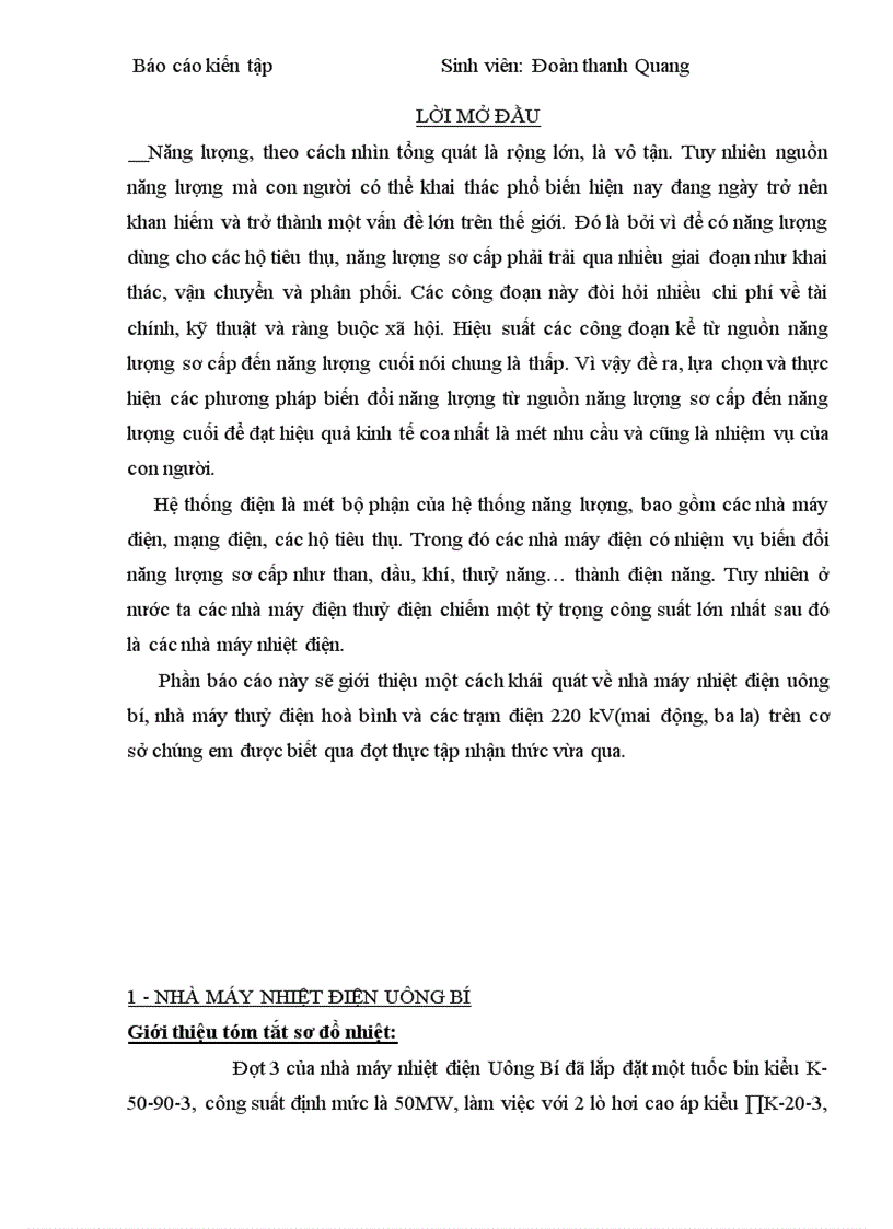 Khái quát về nhà máy nhiệt điện uông bí, nhà máy thuỷ điện hoà bình và các trạm điện 220 kV(mai động, ba la)