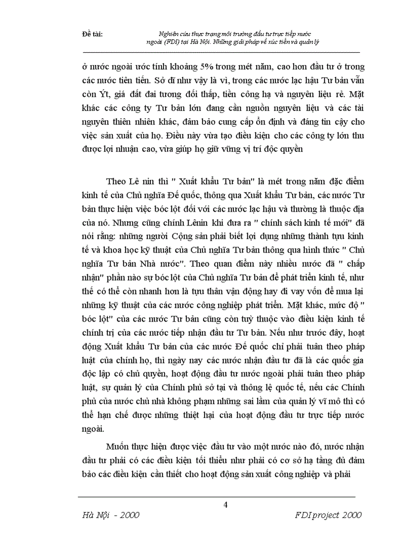 Nghiên cứu thực trạng môi trường đầu tư trực tiếp nước ngoài (FDI) tại Hà Nội - Những giải pháp về xúc tiến và quản lý.