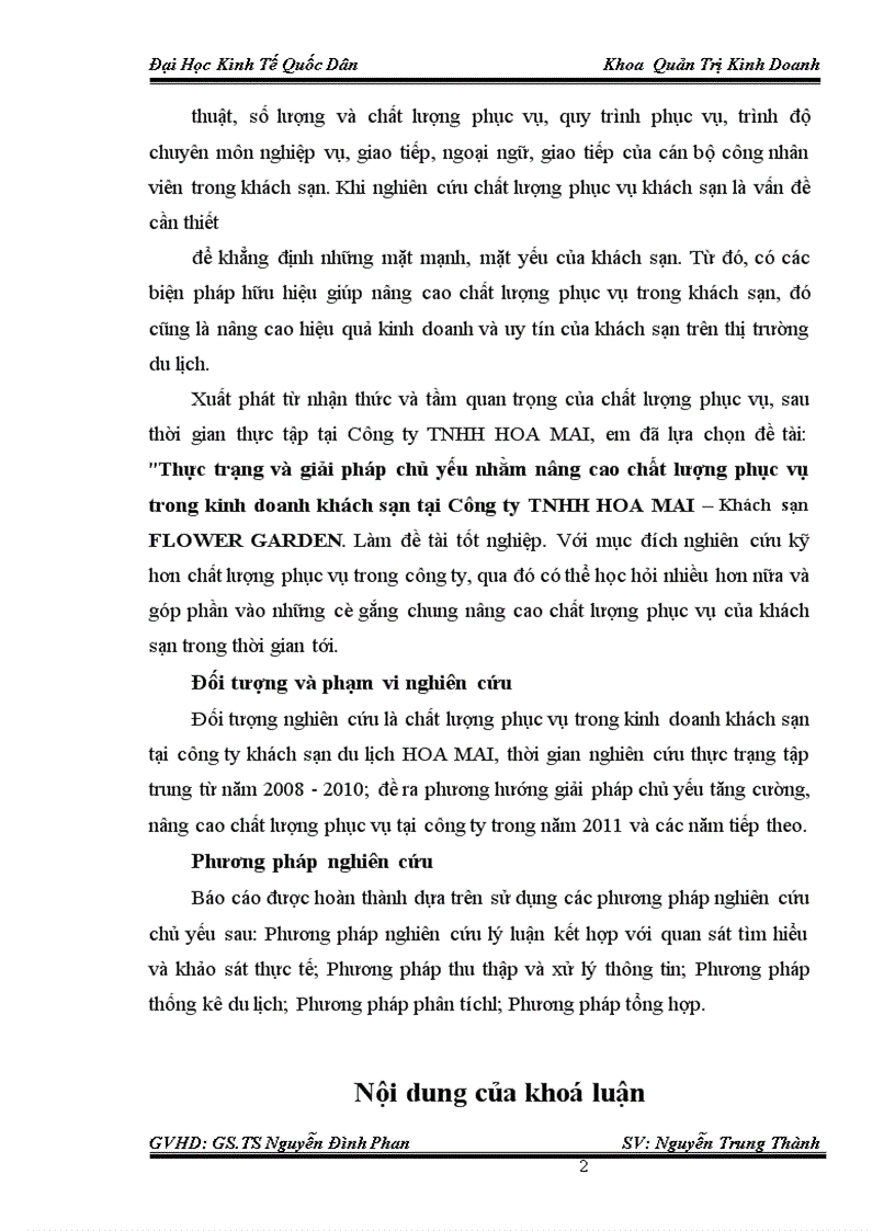 image for page Thực trạng và giải pháp chủ yếu nhằm nâng cao chất lượng phục vụ trong kinh doanh khách sạn tại Công ty TNHH HOA MAI – Khách sạn FLOWER GARDE
