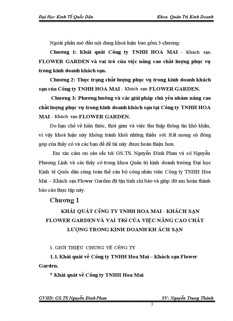 Thực trạng và giải pháp chủ yếu nhằm nâng cao chất lượng phục vụ trong kinh doanh khách sạn tại Công ty TNHH HOA MAI – Khách sạn FLOWER GARDE