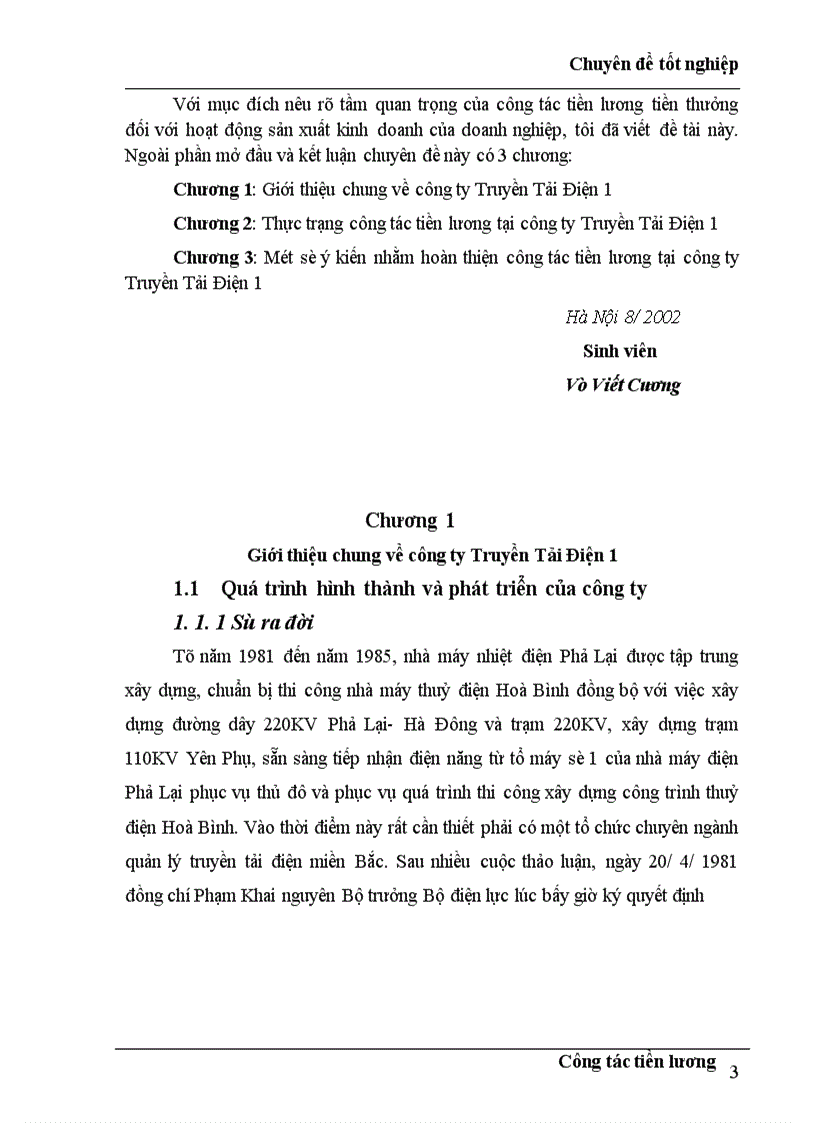 Một số ý kiến nhằm hoàn thiện công tác tiền lương tại công ty Truyền Tải Điện 1