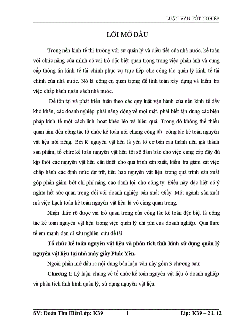 Tổ chức kế toán nguyên vật liệu và phân tích tình hình sử dụng quản lý nguyên vật liệu tại nhà máy giầy Phúc Yên