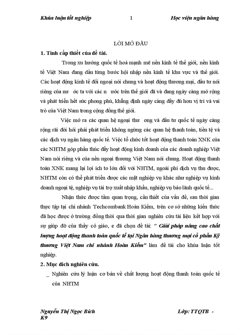 Giải pháp nâng cao chất lượng hoạt động thanh toán quốc tế tại Ngân hàng thương mại cổ phần Kỹ thương Việt Nam chi nhánh Hoàn Kiếm