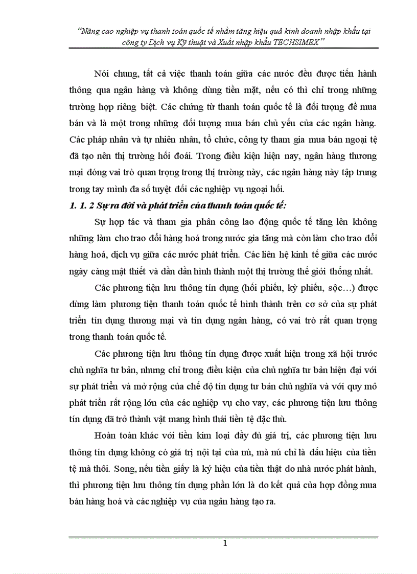 Nâng cao nghiệp vụ thanh toán quốc tế nhằm tăng hiệu quả kinh doanh nhập khẩu tại công ty dịch vụ kỹ thuật và Xuất nhập khẩu TECHSIMEX
