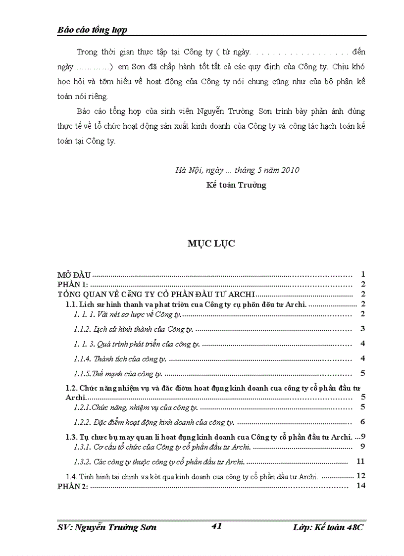 image for page Một số đánh giá về tình hình tổ chức hạch toán kế toán tại Công ty cổ phần đầu tư Archi.