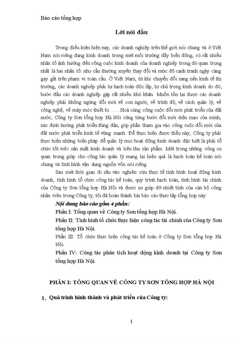 Tình hình hoạt động kinh doanh, tình hình tổ chức công tác kế toán, quy trình hạch toán, tình hình tài chính của Công ty Sơn tổng hợp Hà Nội