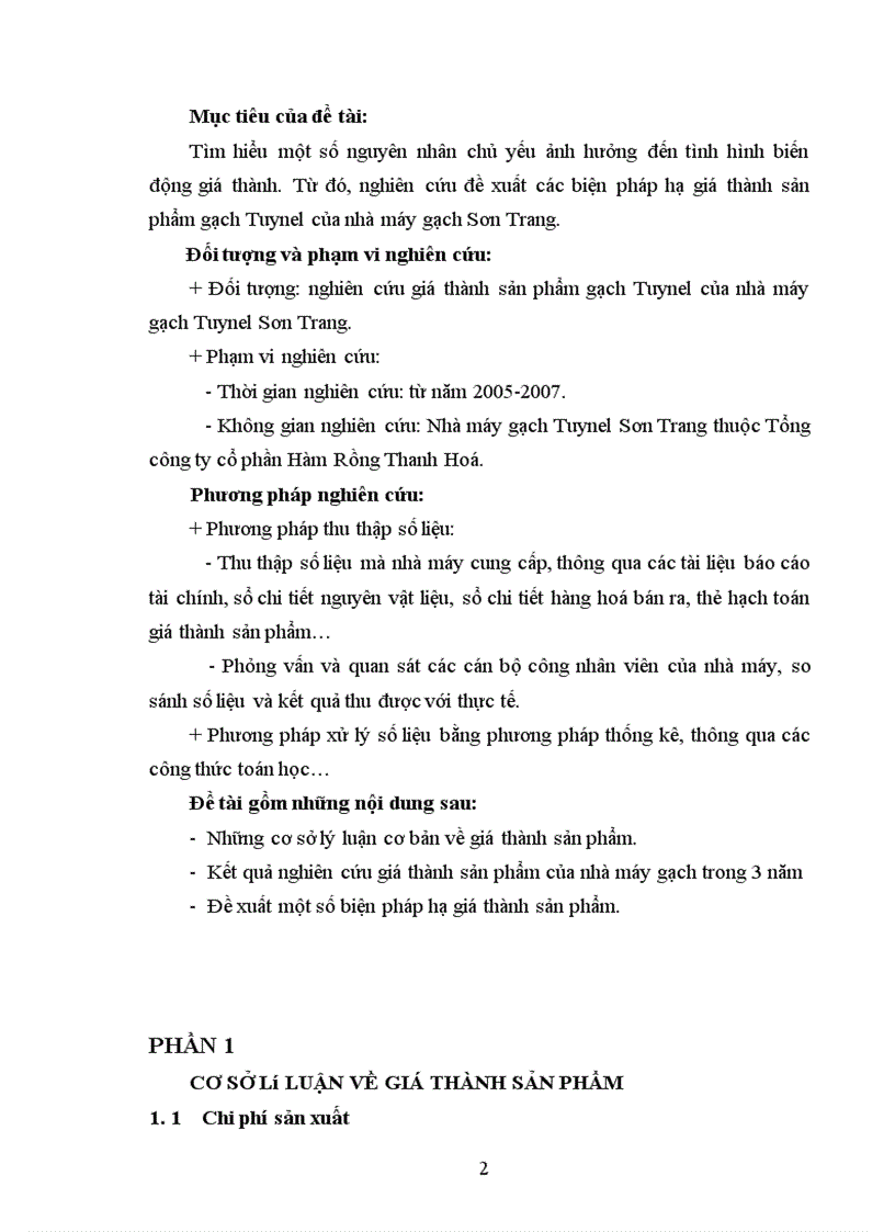 Nghiên cứu các biện pháp hạ giá thành sản phẩm gạch tuynel tại nhà máy gạch Tuynel Sơn Trang thuộc Tổng công ty Hàm Rồng Thanh Hoá