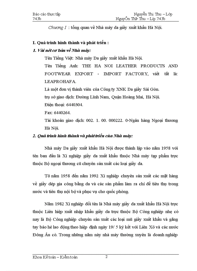 Báo cáo thực tập tại Nhà máy Da giầy xuất khẩu Hà Nội
