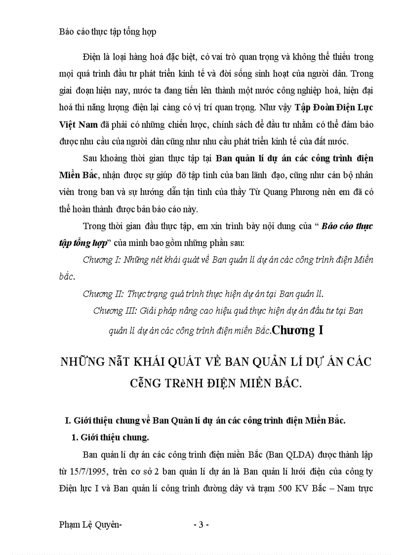 Báo cáo tổng hợp về Ban quản lí dự án các công trình điện Miền Bắc