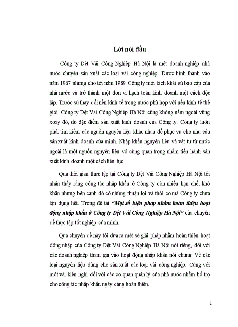 Một số biện pháp nhằm hoàn thiện hoạt động nhập khẩu ở Công ty Dệt Vải Công Nghiệp Hà Nội