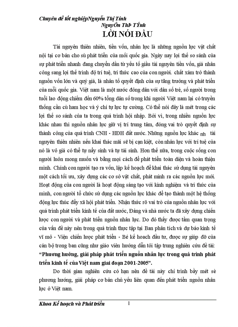 Phương hướng, giải pháp phát triển nguồn nhân lực trong quá trình phát triển kinh tế của Việt nam giai đoạn 2001-2005