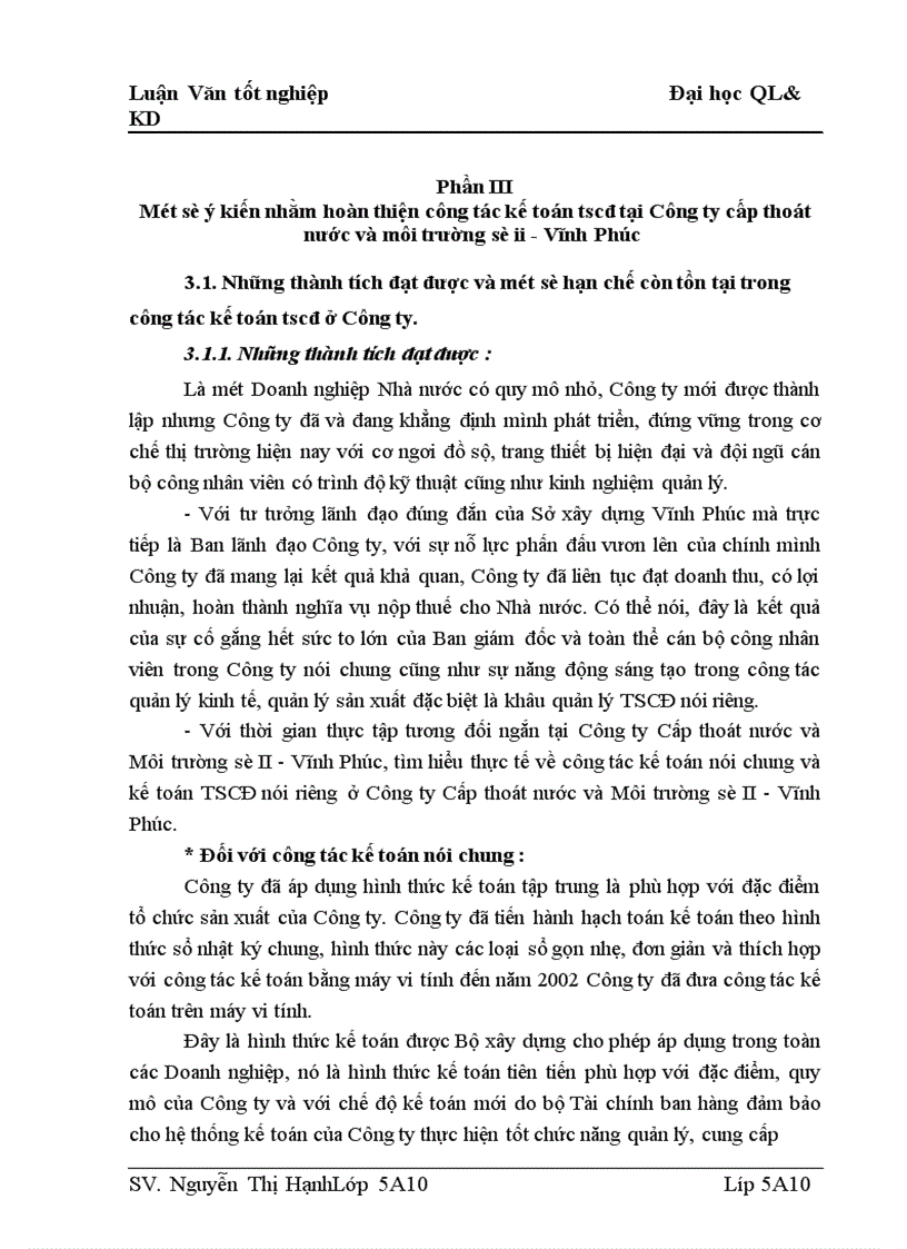 image for page Tổ chức kế toán và phân tích tình hình trang bị và sử dụng TSCĐ ở Công ty Cấp thoát nước và Môi trường số II - Vĩnh Phúc