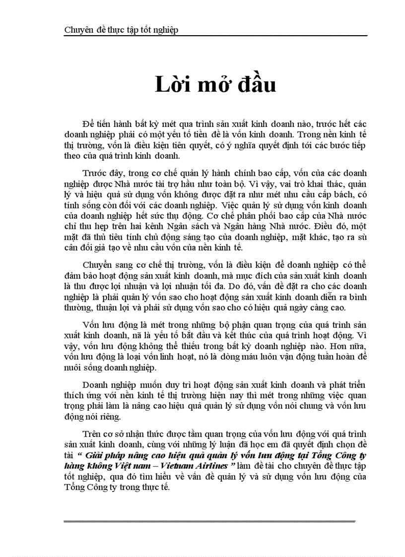 Giải pháp nâng cao hiệu quả quản lý vốn lưu động tại Tổng Công ty hàng không Việt nam – Vietnam Airlines
