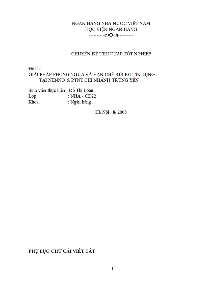 image for page Nghiên cứu các giải pháp phòng ngừa và hạn chế rủi ro tín dụng tại các chi nhánh NHTM ở nứơc ta trong giai đoạn hiện nay