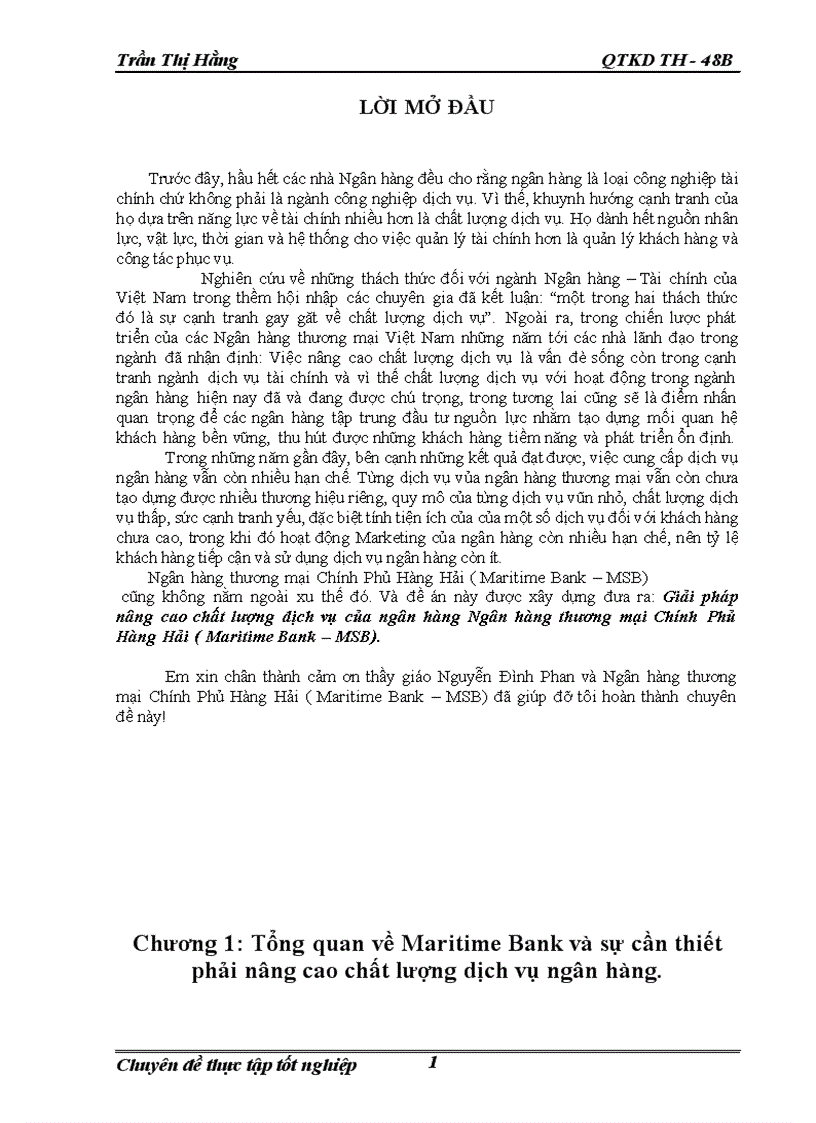 Giải pháp nâng cao chất lượng dịch vụ của ngân hàng Ngân hàng thương mại Chính Phủ Hàng Hải ( Maritime Bank – MSB