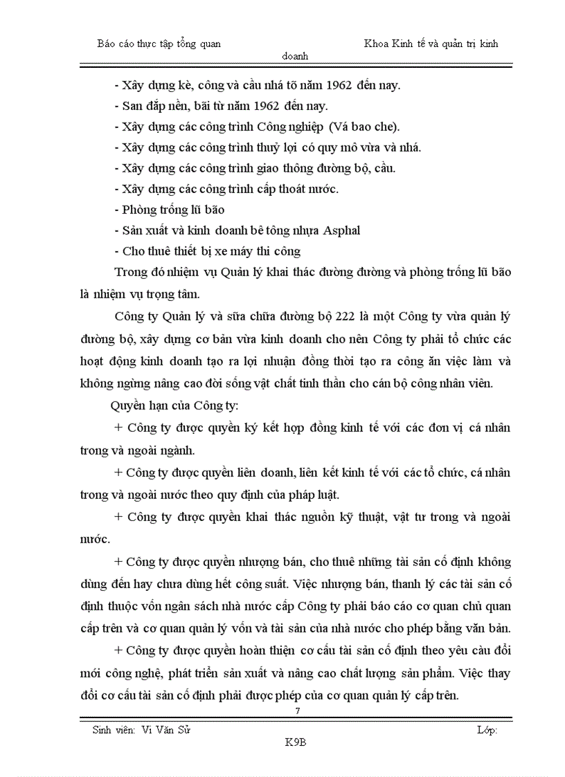 Báo cáo thực tập Công ty Quản lý và sữa chữa đường bộ 222