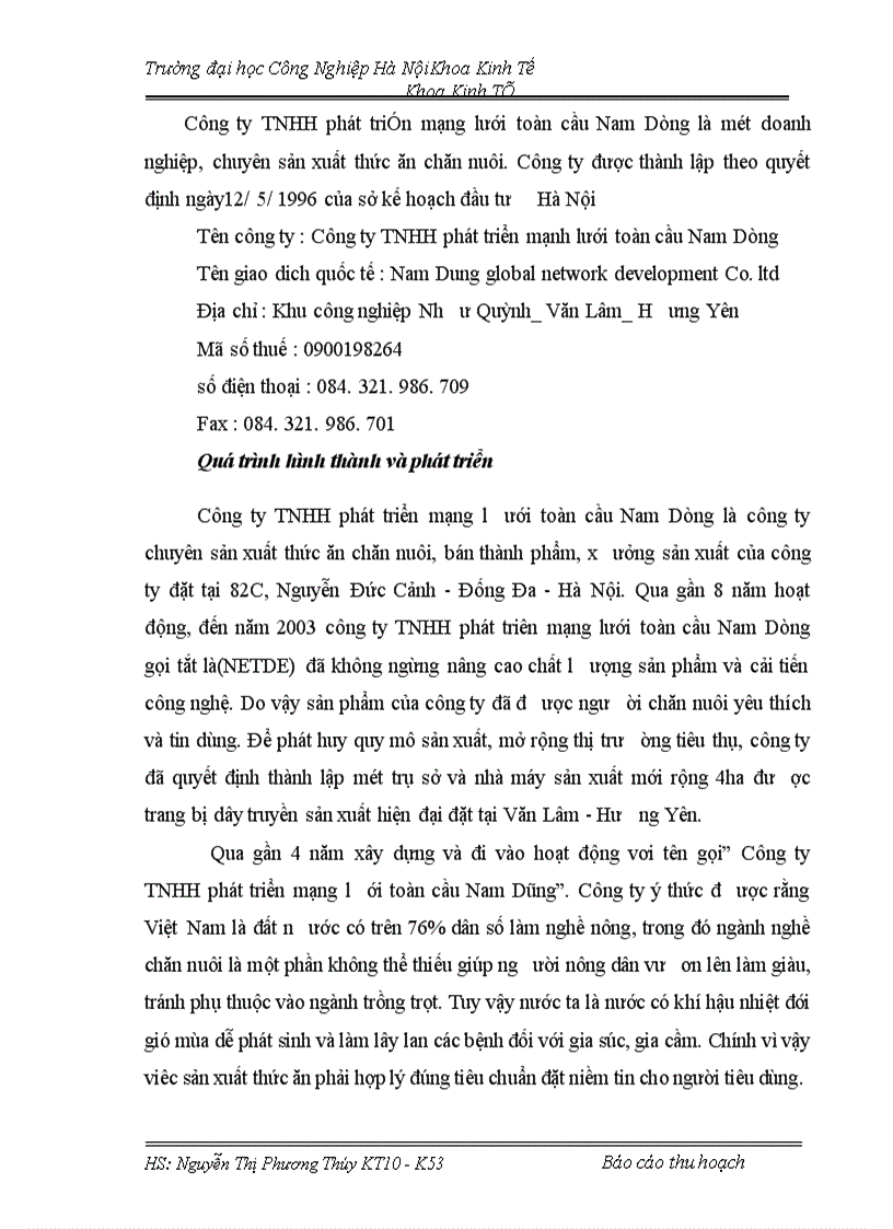 Báo cáo thu hoạch tai công ty TNHH phát triển mạng lưới toàn cầu Nam Dũng