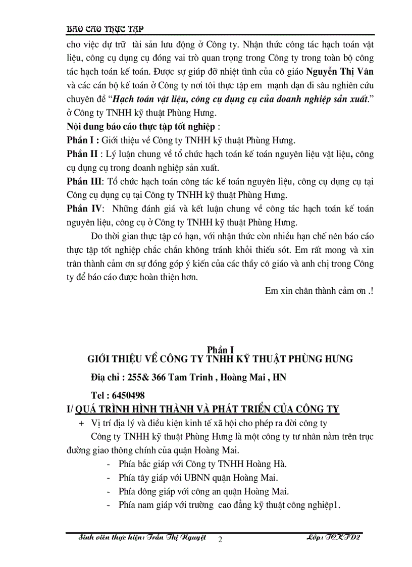 image for page Hạch toán nguyên vật liệu, công cụ dụng cụ ở doanh nghiệp sản xuất ở Công ty TNHH kỹ thuật Phùng Hưng.