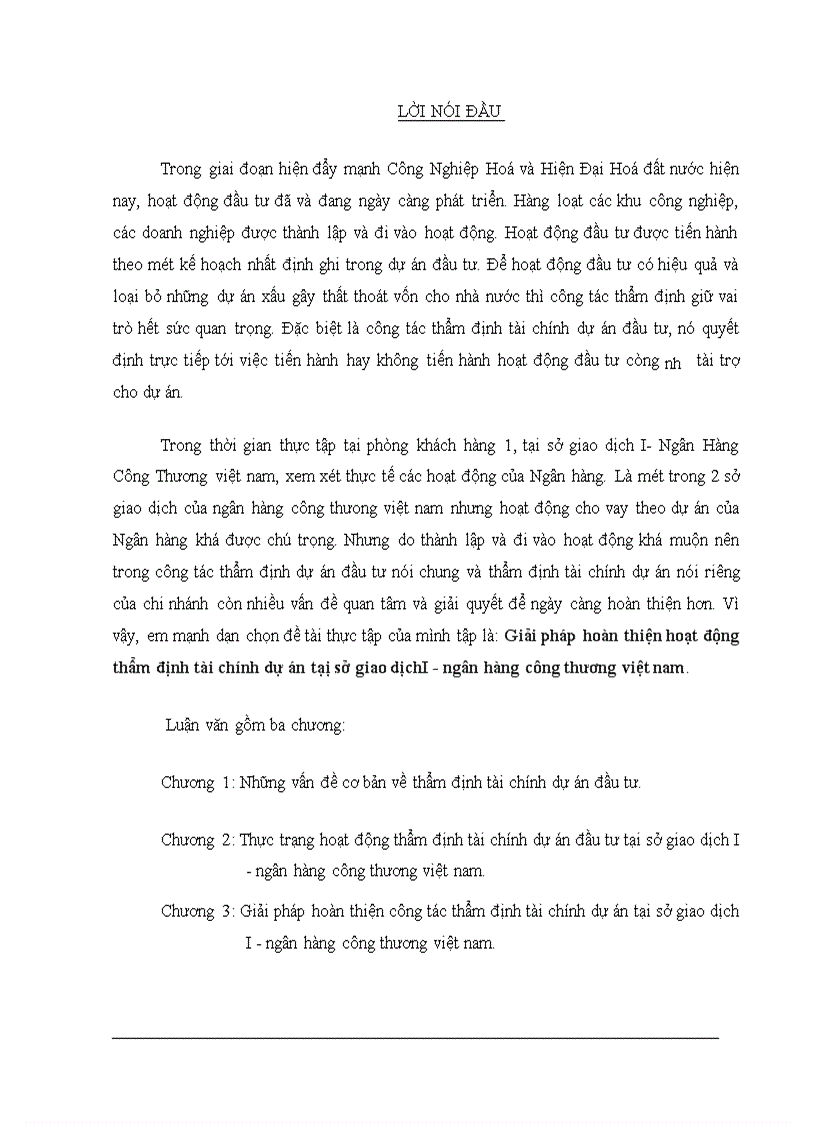 Giải pháp hoàn thiện hoạt động thẩm định tài chính dự án tạị sở giao dịchI-ngân hàng công thương việt nam.