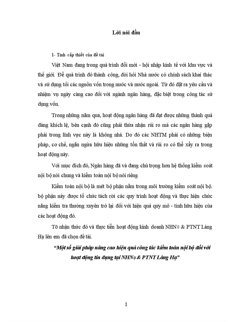 Một số giải pháp nâng cao hiệu quả công tác kiểm toán nội bộ đối với hoạt động tín dụng tại NHN0 & PTNT Láng Hạ