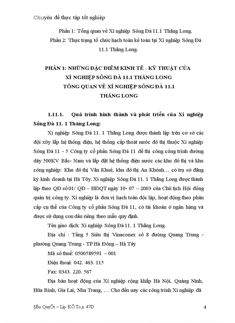 Kế toán chi phí sản xuất và tính giá thành sản phẩm xây lắp tại Xí nghiệp Sông Đà 11.1 Thăng Long