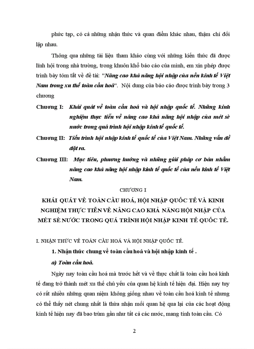 Nâng cao khả năng hội nhập của nền kinh tế Việt Nam trong xu thế toàn cầu hoá.
