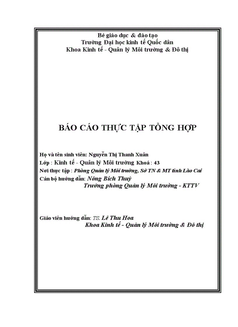 image for page Thực tập tổng hợp tại Sở Tài nguyên & Môi trường tỉnh Lào Cai