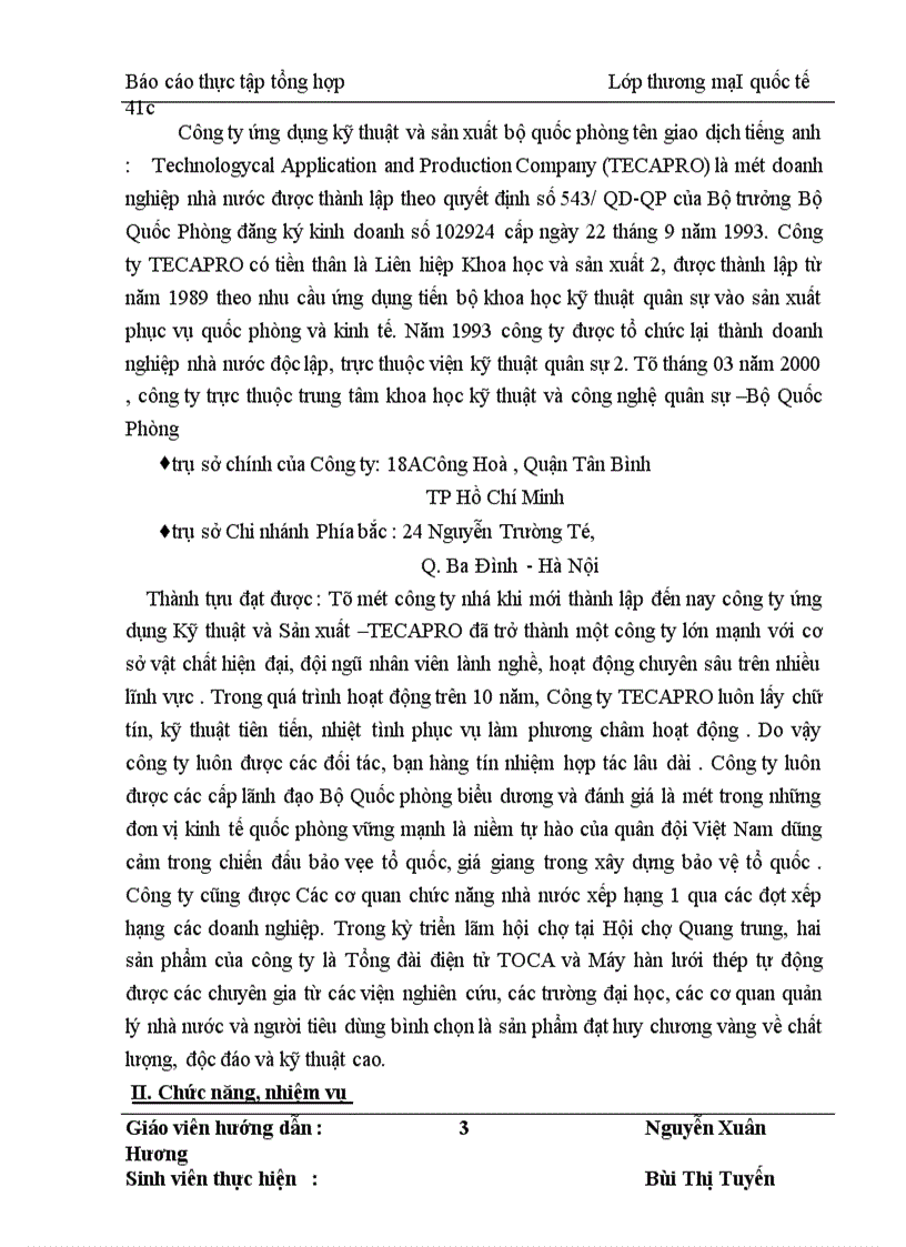 Báo cáo thực tập: công ty TECAPRO