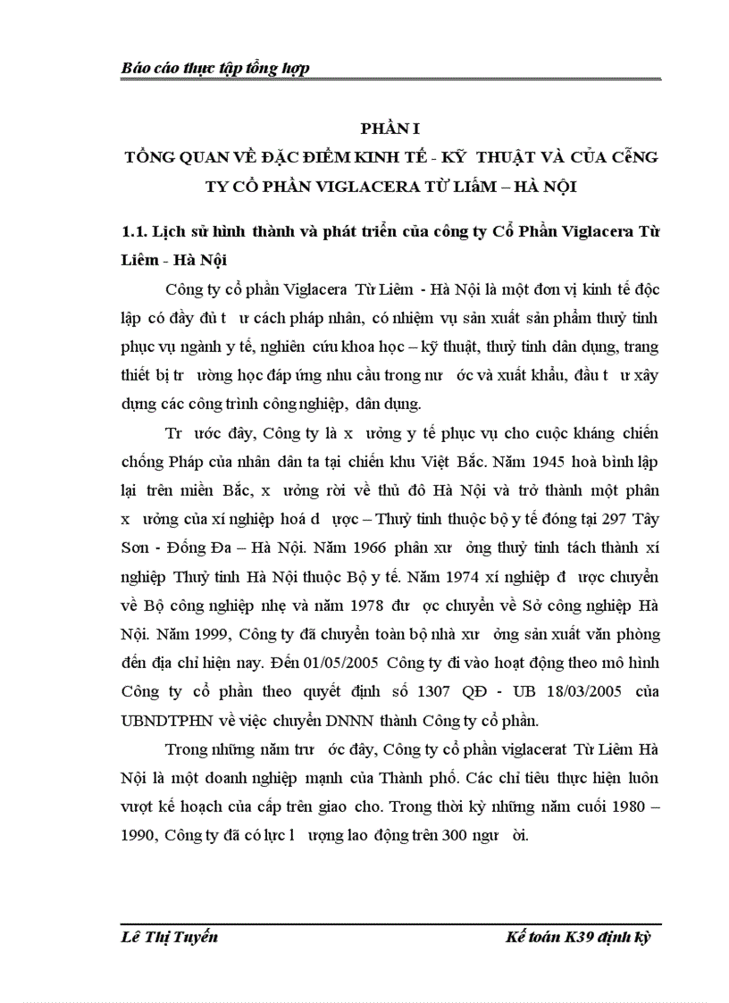 Báo cáo thực tập tổng hợp: tại Công ty cổ phần Viglacera Từ Liêm Hà Nội
