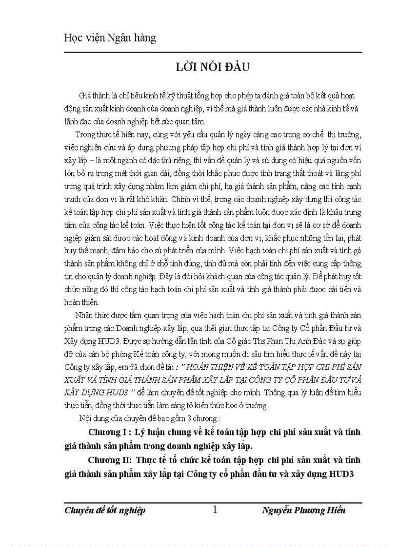 image for page Hoàn thiện về kế toán tập hợp chi phí sản xuất và tính giá thành sản phẩm xây lắp tại cÔNG ty cổ phần đầu tư và xây dựng hud3