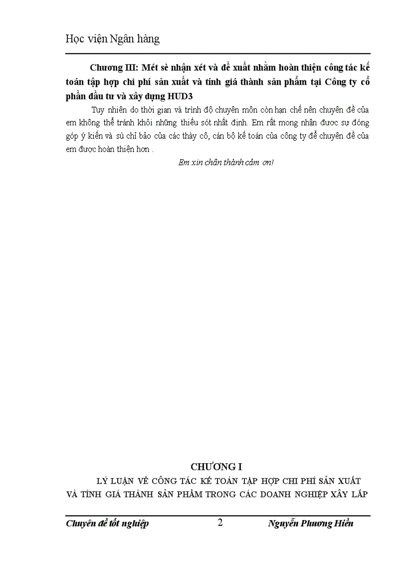 image for page Hoàn thiện về kế toán tập hợp chi phí sản xuất và tính giá thành sản phẩm xây lắp tại cÔNG ty cổ phần đầu tư và xây dựng hud3