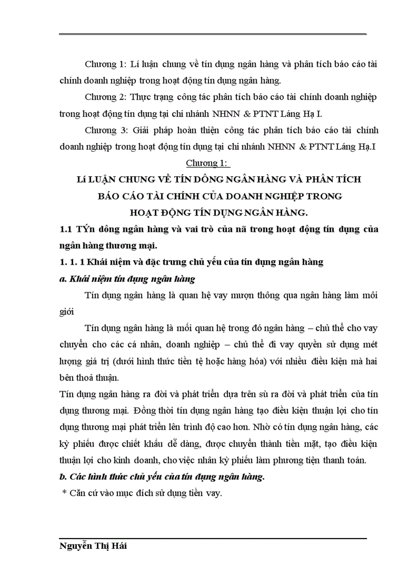 Hoàn thiện công tác phân tích báo cáo tài chính doanh nghiệp trong hoạt động tín dụng tại NHNNo & PTNT Láng Hạ I