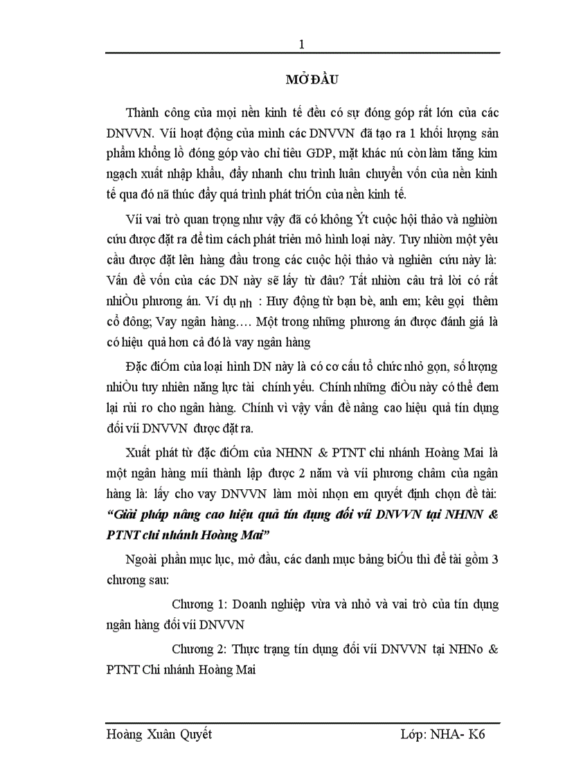 Giải pháp nâng cao hiệu quả tín dụng đối với DNVVN tại NHNN&PTNT chi nhánh Hoàng Mai