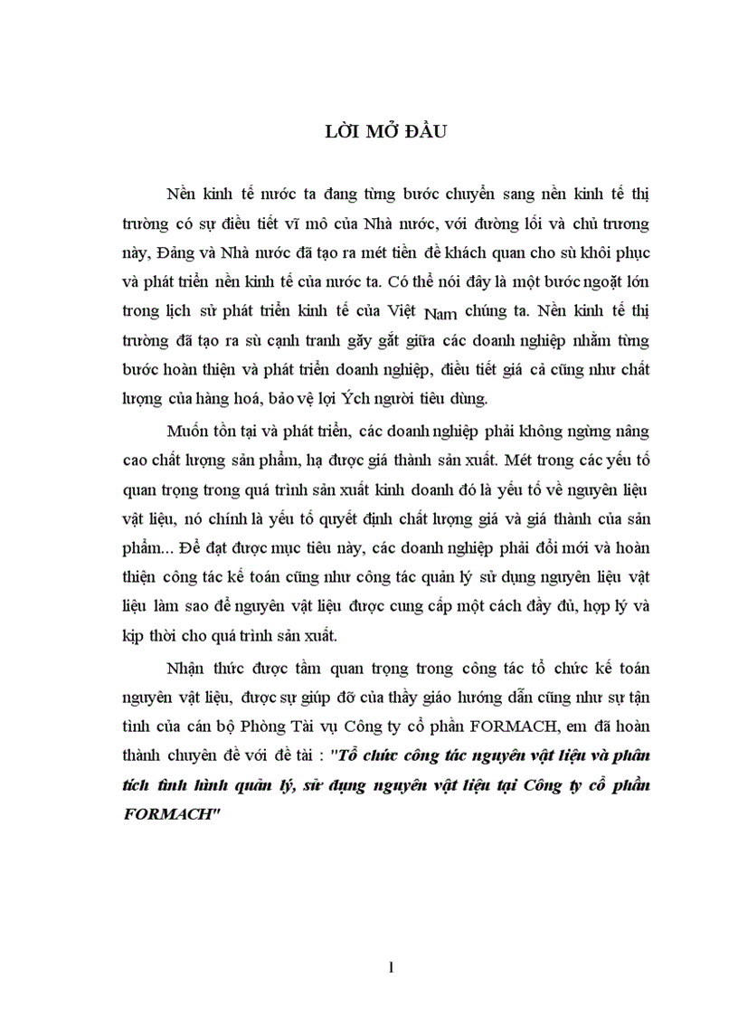 Tổ chức công tác nguyên vật liệu và phân tích tình hình quản lý, sử dụng nguyên vật liệu tại Công ty cổ phần FORMACH