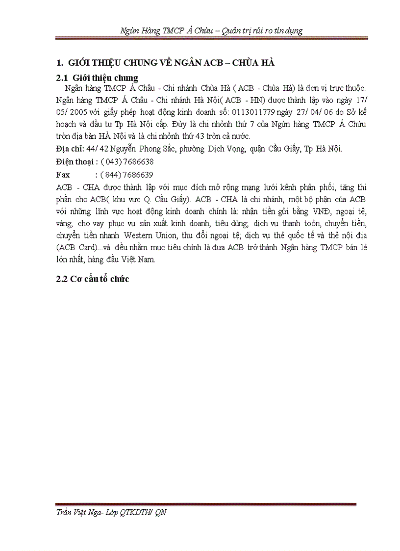 image for page Quản trị rủi ro tín dụng tại Ngân hàng TMCP Á Châu - Chi nhánh Chùa Hà - Thực trạng và Giải pháp -