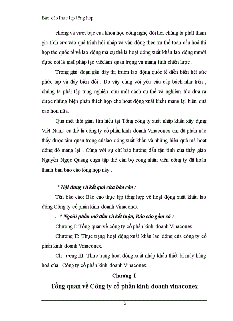 Báo cáo thực tập tổng hợp về hoạt động xuất khẩu lao động Công ty cổ phần kinh doanh Vinaconex