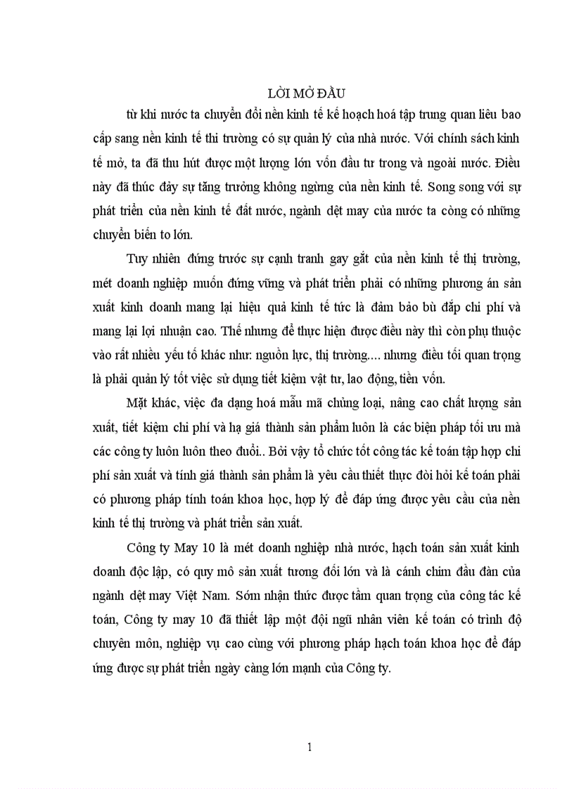 Tổ chức công tác kế toán tập hợp chi phí sản xuất và tính giá thành sản phẩm tại công ty May 10 -