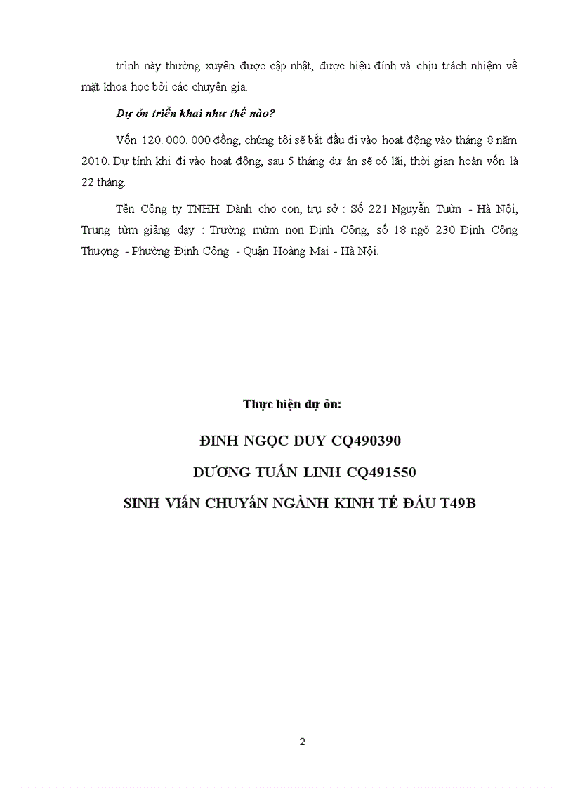 Kế hoạch triển khai dự án trung tâm cao cấp chuyên tổ chức các khóa học buổi dành cho các bà bầu