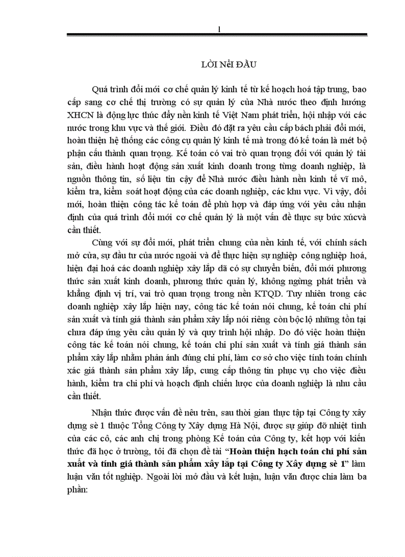 image for page Hoàn thiện hạch toán chi phí sản xuất và tính giá thành sản phẩm xây lắp tại Công ty Xây dựng số 1