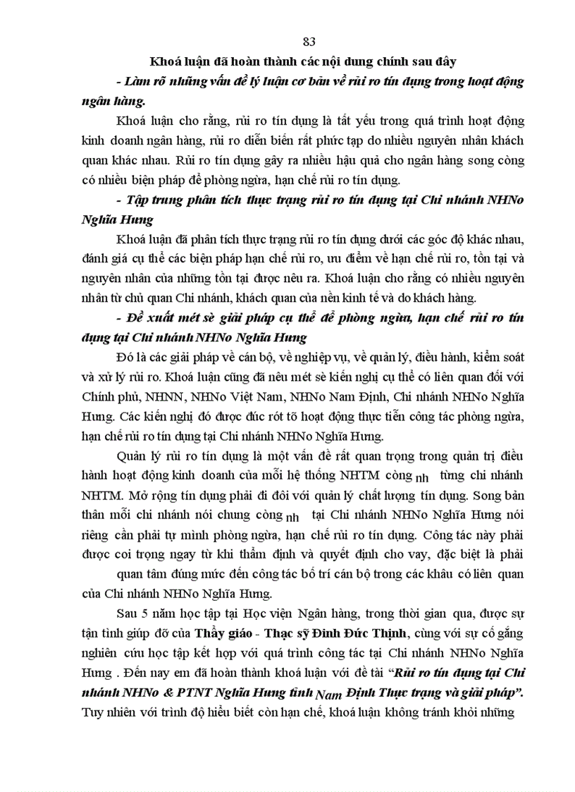image for page Rủi ro tín dụng tại Chi nhánh NHNo&PTNT huyện Nghĩa Hưng, tỉnh Nam Định - Thực trạng và giải pháp