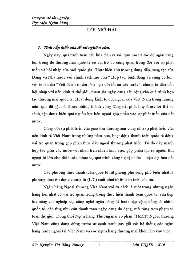 Thực trạng và giải pháp hoàn thiện phương thức thanh toán quốc tế bằng tín dụng chứng từ tại Ngân hàng Ngoại thương Việt Nam – Chi nhánh Bắc Ninh.