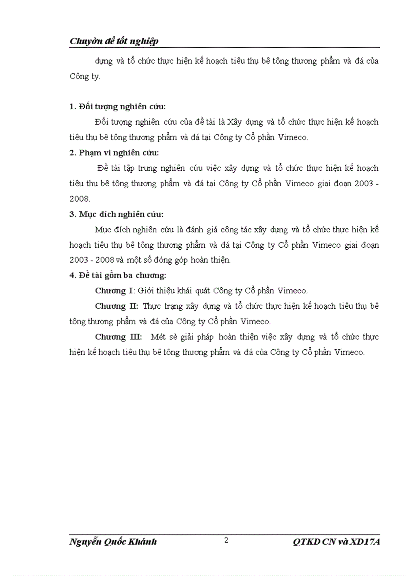 image for page Xây dựng và tổ chức thực hiện kế hoạch tiêu thụ bê tông thương phẩm và đá tại Công ty Cổ phần Vimeco