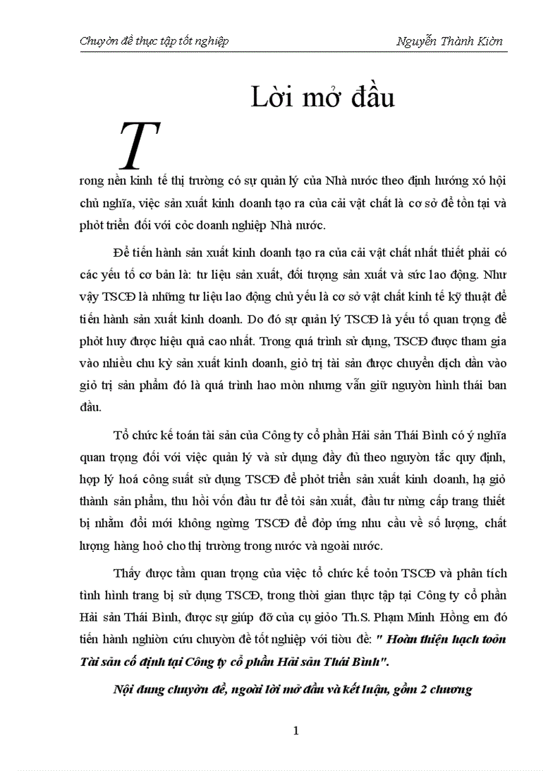 image for page Hoàn thiện hạch toán Tài sản cố định tại Công ty cổ phần Hải sản Thái Bình