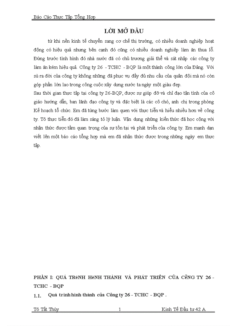 image for page Báo cáo thực tập tại công ty 26 - TCHC - BQP