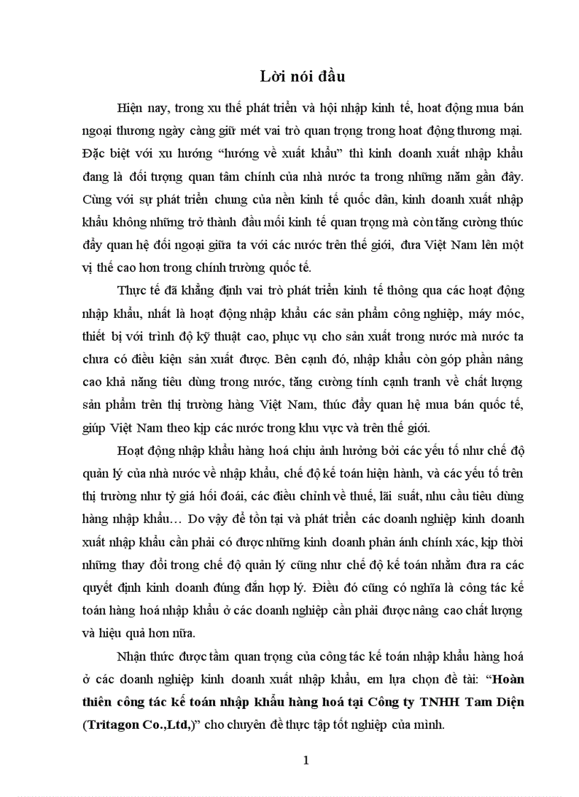 image for page Hoàn thiên công tác kế toán nhập khẩu hàng hoá tại Công ty TNHH Tam Diện (Tritagon Co.,Ltd,)