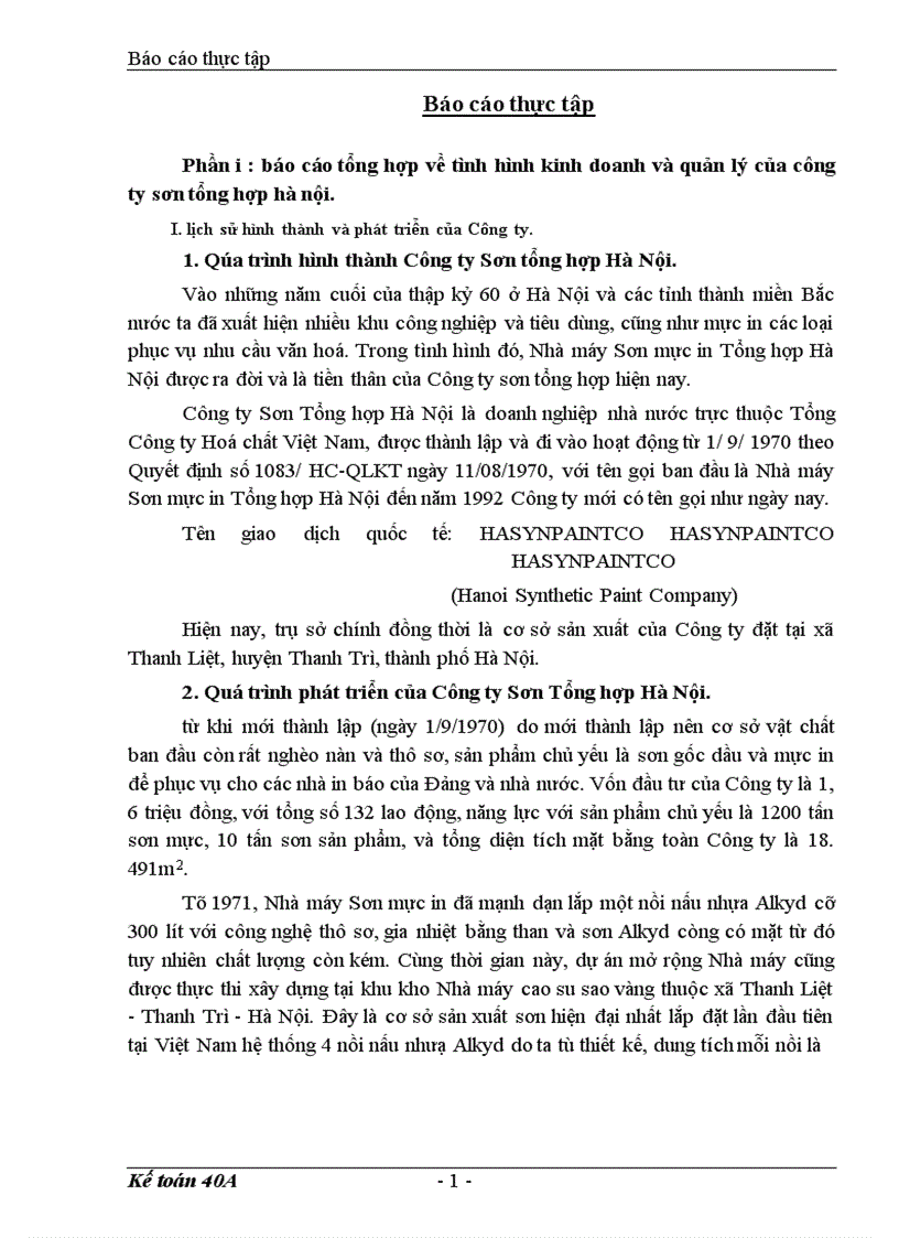 Báo cáo tổng hợp tình hình tổ chức bộ máy kế toán và công tác kế toán của Công ty Sơn tổng hợp Hà Nội