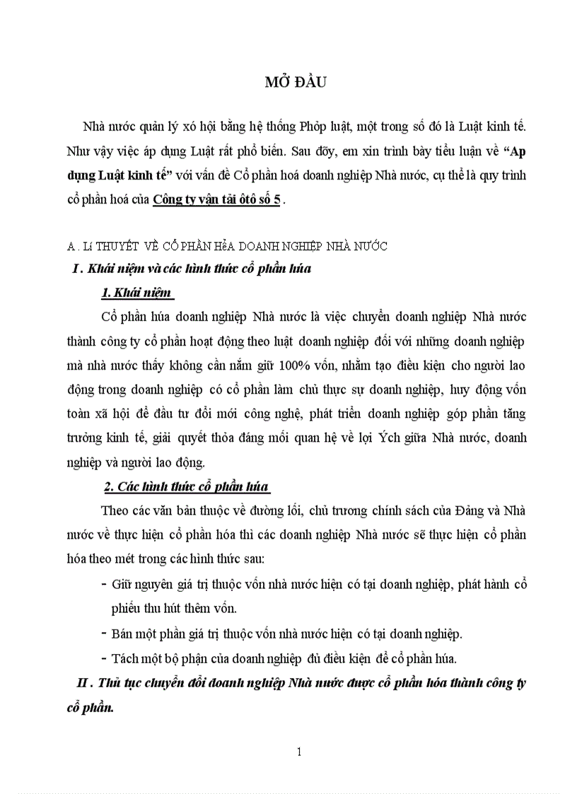 Áp dụng Luật kinh tế” với vấn đề Cổ phần hoá của Công ty vận tải ô tô số 5 .