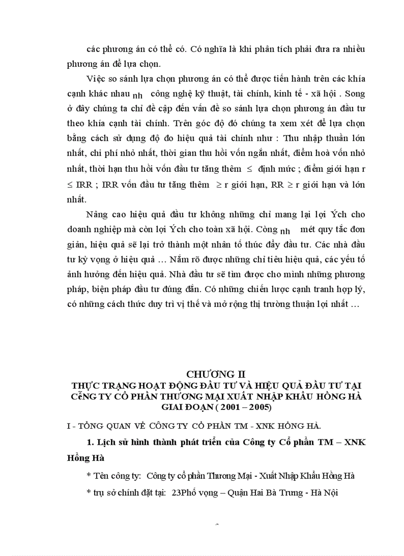 image for page Nâng cao hiệu quả hoạt động đầu tư phát triển tại công ty cổ phần Thương Mại - Xuất Nhập Khẩu Hồng Hà.