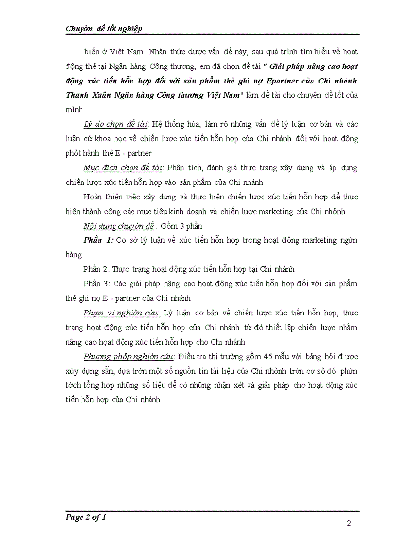 Giải pháp nâng cao hoạt động xúc tiến hỗn hợp đối với sản phẩm thẻ ghi nợ Epartner của Chi nhánh Thanh Xuân Ngân hàng Công thương Việt Nam