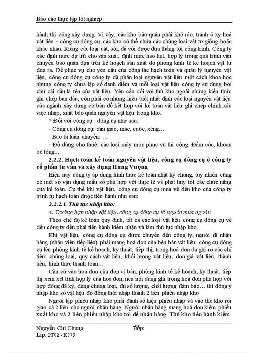image for page Hạch toán chi tiết vật liệu, công cụ dụng cụ công ty cổ phần tư vấn và xây dựng Hưng Vượng
